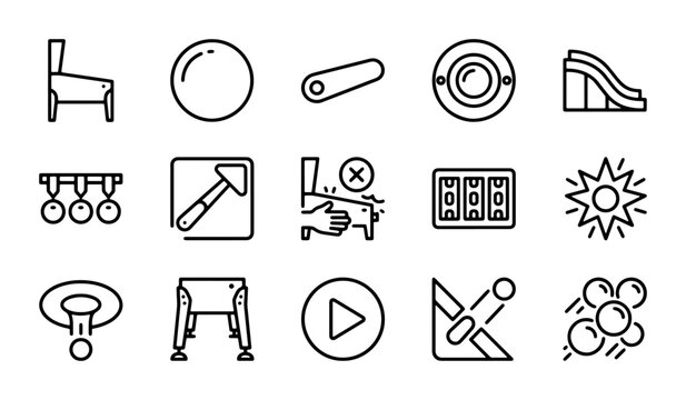 Pinball Machine Icons Set, Retro Arcade Game Elements, Vintage Entertainment Graphics