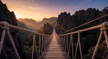Obraz premium Wooden rope bridge leading into mountain valley for adventure travel
