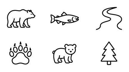 Forest Wildlife Icons: Bear, Salmon, River, Paw Print, Tree, 6 Vector Elements © Rayhan