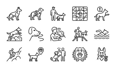 Fototapeta premium Dog Training Icons Set, Canine Behavior, Pet Care, K-9 Service, Animal Activity Vector Graphics