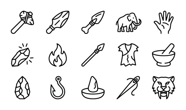 Prehistoric Stone Age Icons: Mammoth, Spear, Fire, Tools, Caveman Life Vector Set