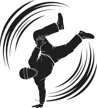 Energetic graphic illustration capturing a breakdancer's dynamic freeze move, symbolizing urban street culture, agility, and powerful artistic expression in a swirling silhouette