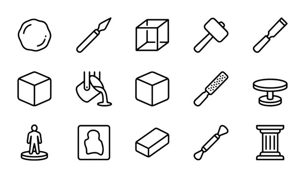Sculpting Tools and Materials Icons: Crafting, Art, and Design Elements Set