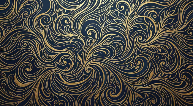 Luxurious gold swirling filigree pattern on a dark blue background with ornate decorative flourishes
