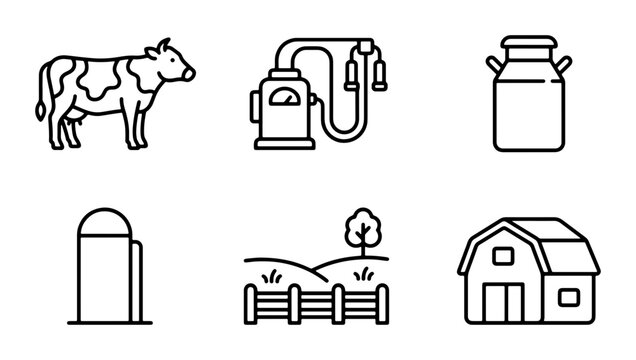 Farm Icons Set: Cow, Milking Machine, Milk Can, Silo, Rural Landscape, Barn - Vector Graphics
