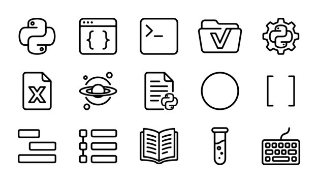 Programming Icons Set, Python Code, Data Science Symbols, Software Development Vector Graphics