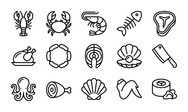 15 Seafood and Meat Icons, Food Vector Set, Culinary Graphic Elements