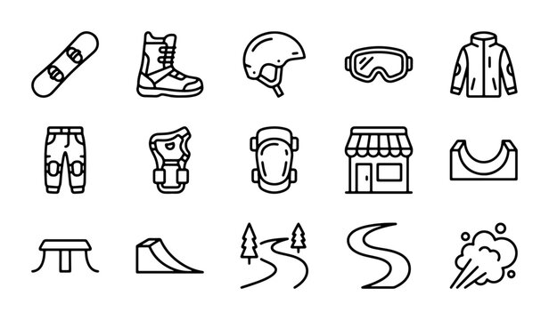 Snowboard Gear and Park Elements, Winter Sports Icons Set, Action and Equipment Vector Graphics