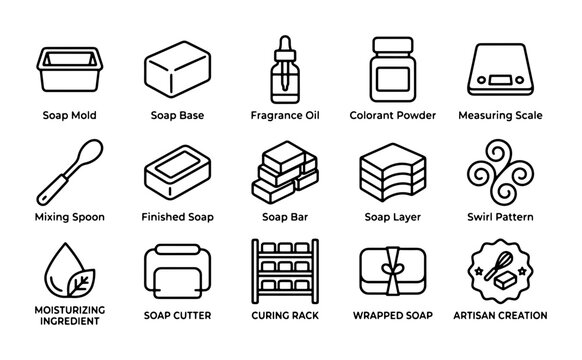 Soap Making Icons Set: Mold, Base, Oil, Colorant, Scale, Spoon, Cutter, Rack, Artisan Creation