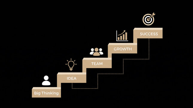 Business growth staircase graphic showing steps from big thinking to final success and strategic achievement