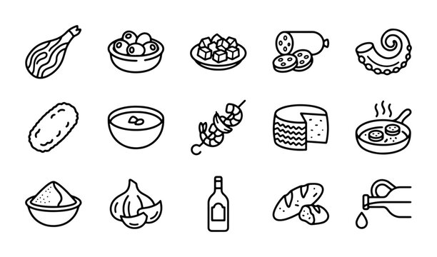 Spanish Tapas Icons Set, Delicious Food Vector Graphics, Culinary Delights Collection