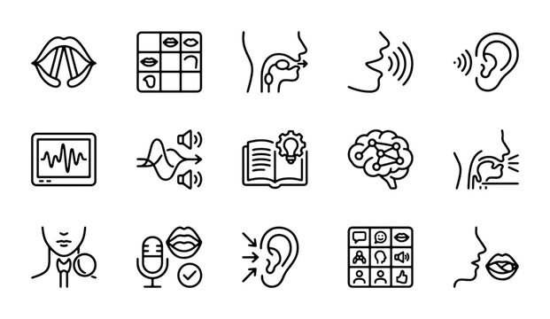 Speech Therapy Icons Set, Vocal Cord Anatomy, Audiology Symbols, Brain and Ear Graphics
