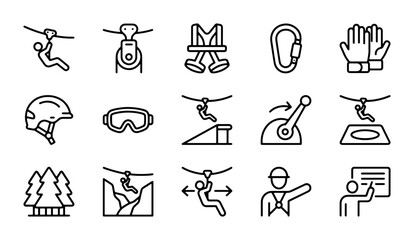 Zipline Adventure Icons, Extreme Sports Gear Vector Set, Outdoor Activity Equipment Line Art Collection © Fahim