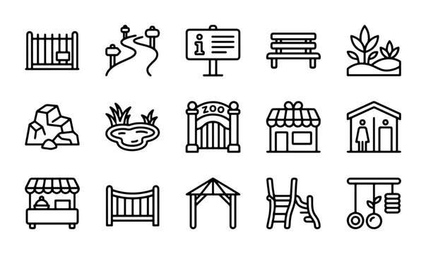 Zoo Icons Set, Outdoor Park Elements, Nature Landscape Graphics, Recreation Symbols