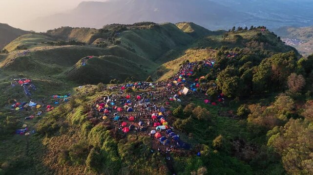 Aerial view of the campsite at the top of Mount Prau, Wonosobo.
