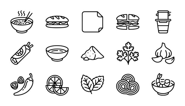 Vietnamese Food Icons Set, Pho and Banh Mi Vector Graphics, Asian Cuisine Line Art