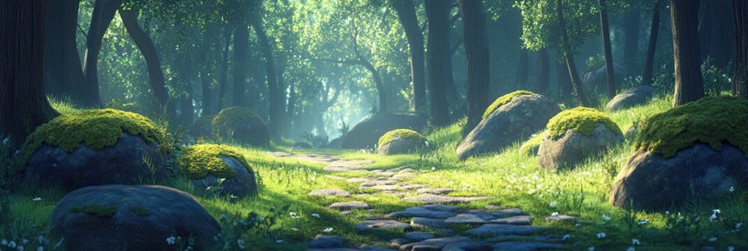 A quiet forest path lined with moss-covered stones and tall trees, inviting peaceful exploration, 