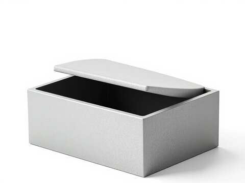 Gray textured box with raised lid against white background, industrial, box