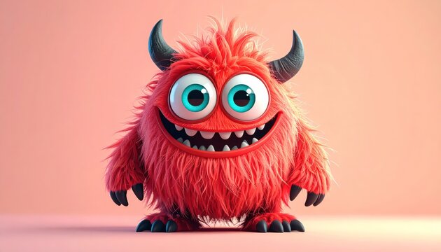Adorable Red Monster with Big Eyes and Horns Smiling Happily on Pink Background.