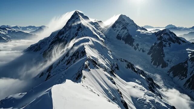 Majestic snow-capped mountains under a bright sun, with clouds swirling around the peaks, evoking adventure and nature's grandeur
