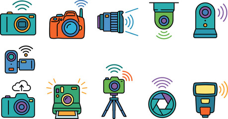 Collection of wireless camera icons with signal waves during technology concept development © Mdjillur