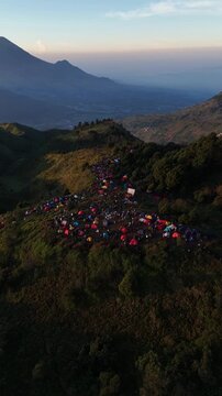Aerial view of the campsite at the top of Mount Prau, Wonosobo.
