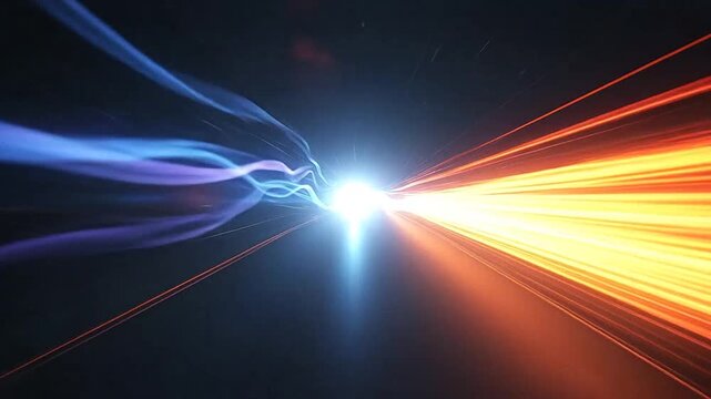 Abstract light streaks collide in a dark space background