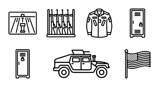Military Icons Set: Army Vehicle, Flag, Uniform, Rifles, Lockers, Barracks Vector Graphics