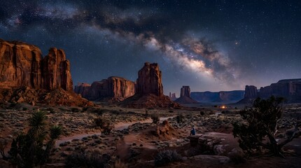 Obraz premium Milky Way Galaxy Over Monument Valley Desert Landscape at Night