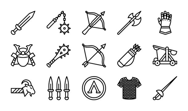Medieval Weapon Icons Set, Ancient Warfare Symbols, Historical Combat Gear Collection, Vector Graphics