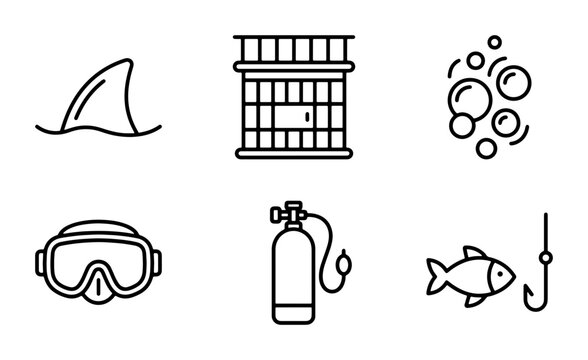 Ocean Life Icons: Shark Fin, Cage, Bubbles, Mask, Tank, Fishing Hook & Fish