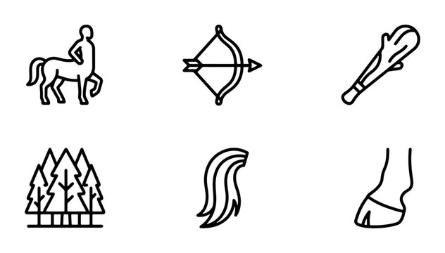 Mythical Centaur Icons, Ancient Bow and Arrow, Club, Forest, Horse Mane, Hoof Vector Set