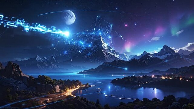 Digital data network glowing over a serene mountain lake at night