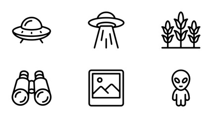 Alien UFO Icons, Space Exploration Symbols, Sci-Fi Vector Graphics, Extraterrestrial Life Illustrations © Md