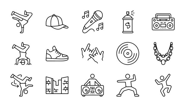 Hip Hop Culture Icons Set: Breakdancing, Graffiti, DJ, MC, Music, Style Elements