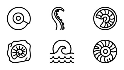Ocean Icons Set: Ammonite Fossils, Tentacle, Wave, Seashell, Marine Life Vector Graphics © Akash