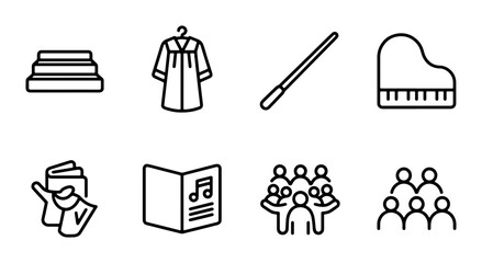 Music Performance Icons, Choir, Conductor, Grand Piano, Sheet Music, Graduation Gown, Vector Set © Siyam