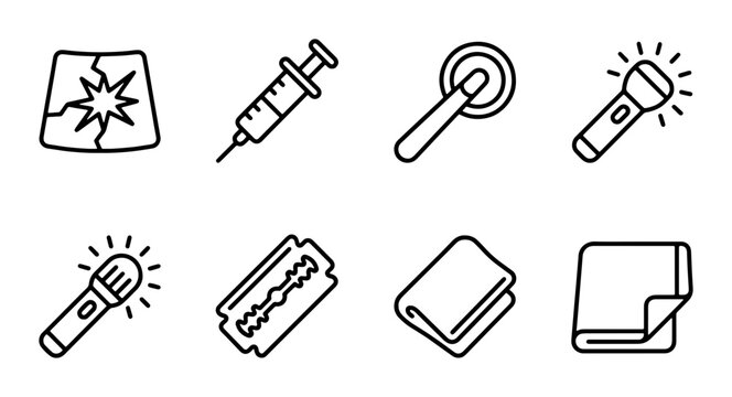 Medical and Safety Icons: Syringe, Razor Blade, Flashlight, Broken Glass, Microfiber Cloth