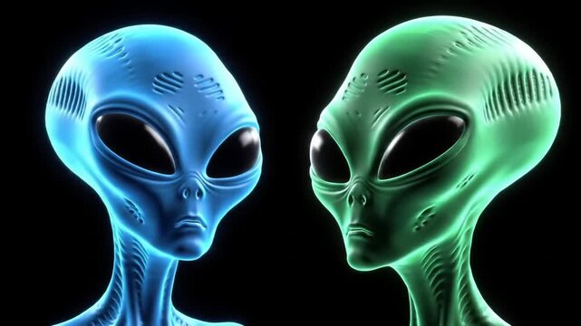 Two Ethereal Aliens, Blue and Green, Against a Black Background