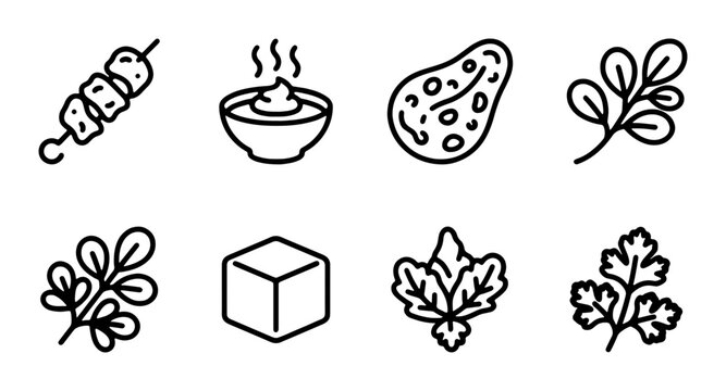 Food Icons Set: Skewered Meat, Dip Bowl, Avocado, Herbs, Cube, Leafy Greens, Coriander