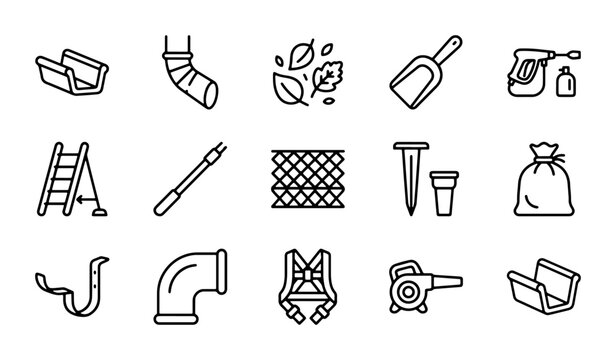 Gutter Cleaning Tools Set, Leaf Removal Equipment, Home Maintenance Icons, Vector Graphics