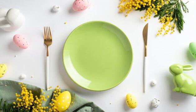 Easter Table Setting with Green Plate and Decorations.