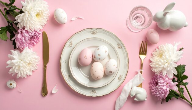 Easter Table Setting with Decorative Eggs Flowers.