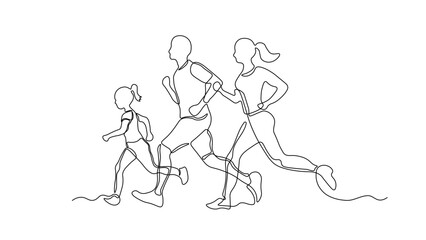 Obraz premium Continuous line drawing of man, woman, and young girl running together, active family fitness, healthy lifestyle, joyful togetherness