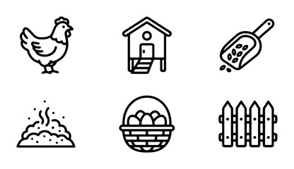 Chicken Coop Icons, Farm Animals, Egg Basket, Scoop, Manure, Fence, Vector Graphics © Akash