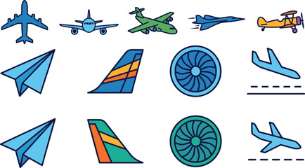 Diverse aviation icons with airplanes and jet engines in clean vector style © Mdjillur