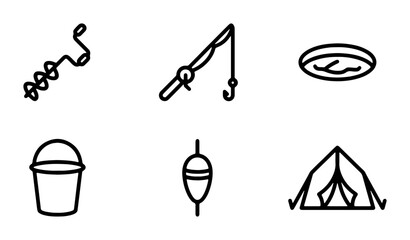 Fishing Gear Icons, Camping Tent Set, Outdoor Recreation Vector Graphics, Simple Line Art Elements © Robiul