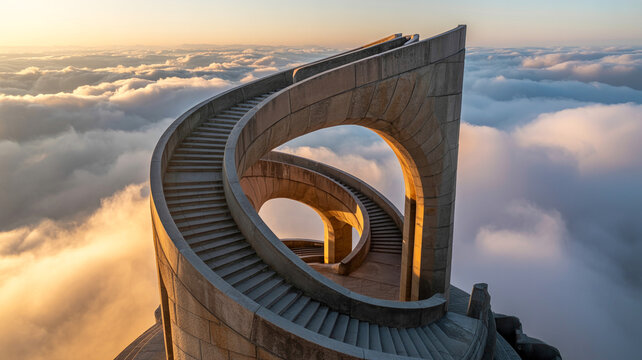 Impossible DNA staircase floating on clouds at golden hour