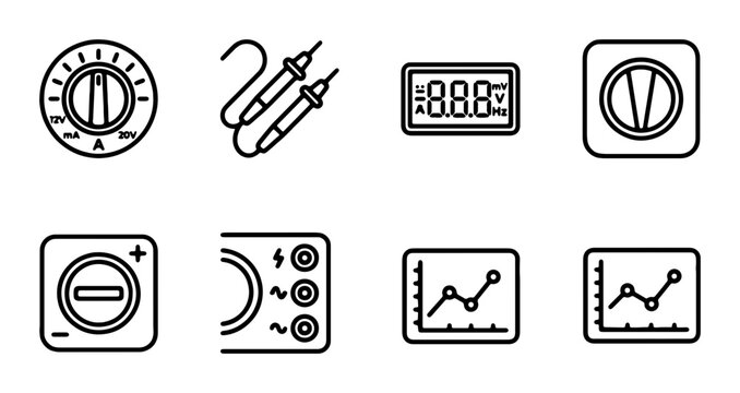 Electrical Measurement Icons: Voltmeter, Ammeter, Oscilloscope, Dial, Digital Display, Graph