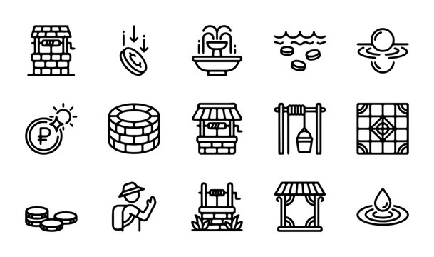 Water Well Icons, Fountain, Coins, Droplet, Rural Village Elements, Vector Set